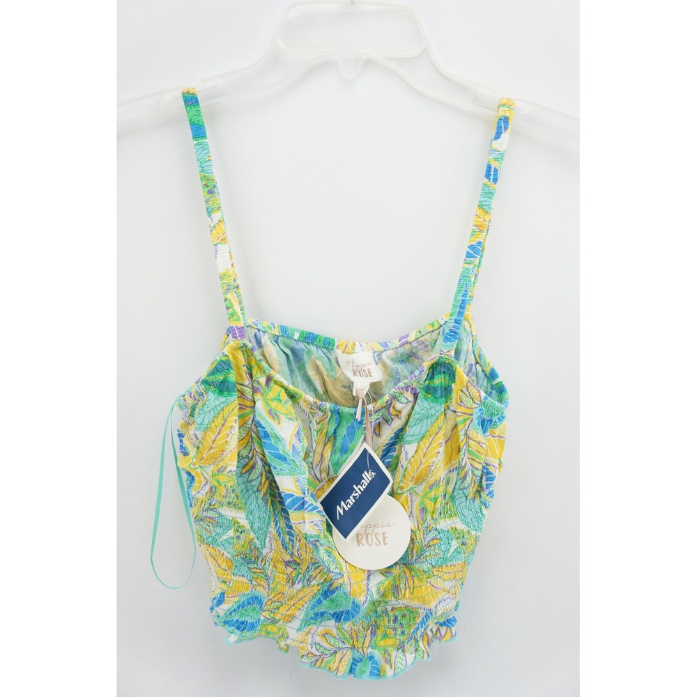 NWT Hippie Rose Smocked Cropped Cami Top Yellow Blue Green Tropical Leaf Print L